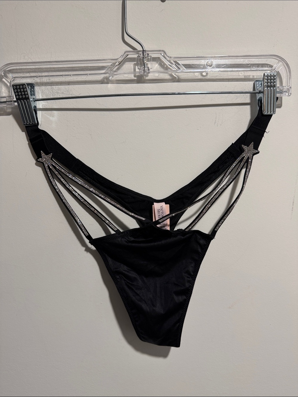 Victoria's Secret Black Rhinestone Star Strappy Thong Size XL NWT